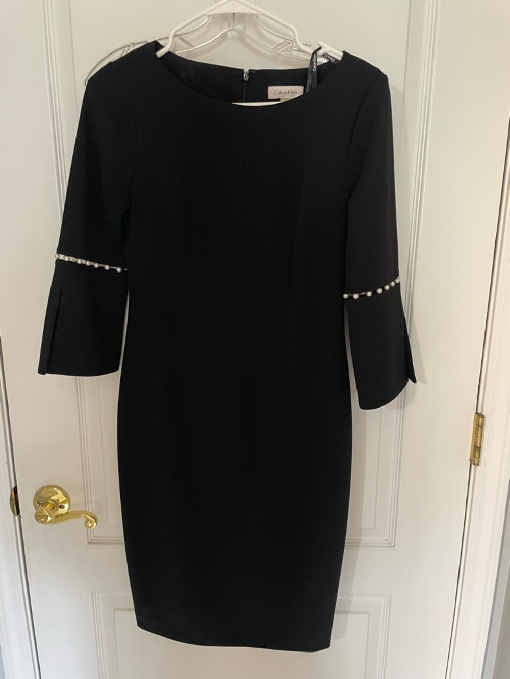 Calvin Klein Black Sheath Dress with Pearl-Trim Sleeves